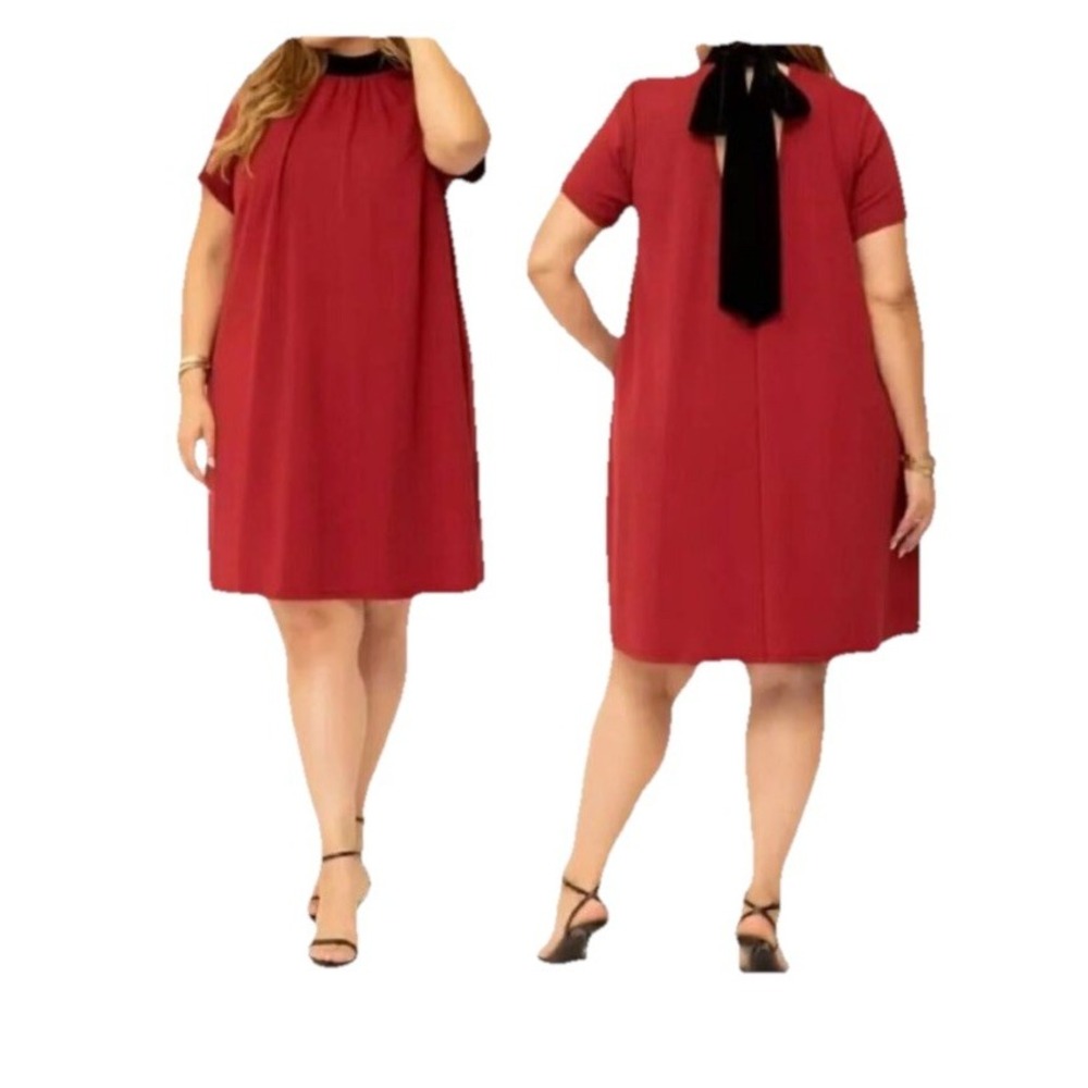 Eloquii Elements Red Bow Neck‎ Mini Dress – Size 14 Short Sleeve Shift Style NWT